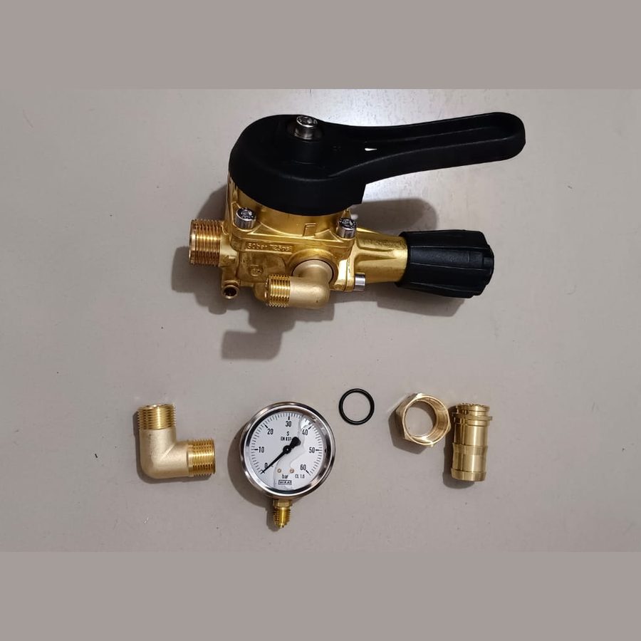 Brass control valve with black lever, pressure gauge, elbow, O-ring and brass fittings