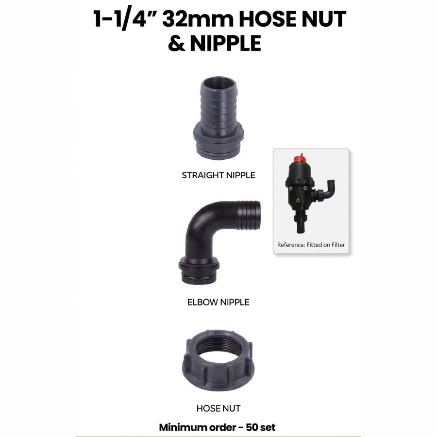 Straight nipple, elbow nipple and hose nut for 32 mm hose