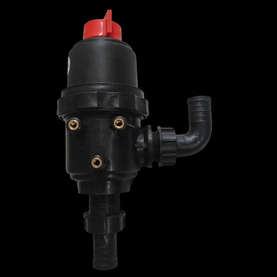 Black spray line filter with red cap and hose barb elbow