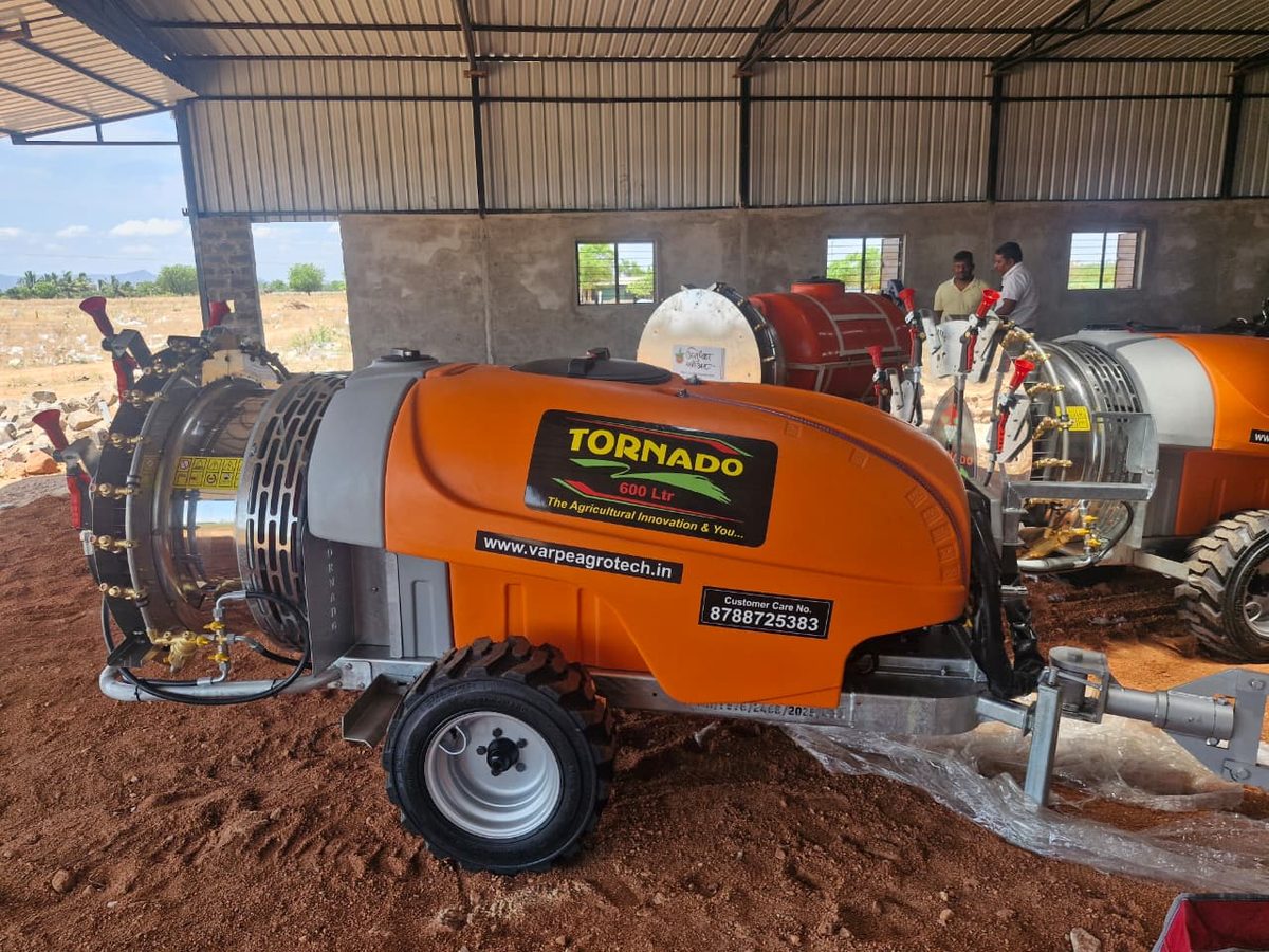Orange Tornado 600 Ltr air blast sprayer with steel fan housing on a trailed chassis